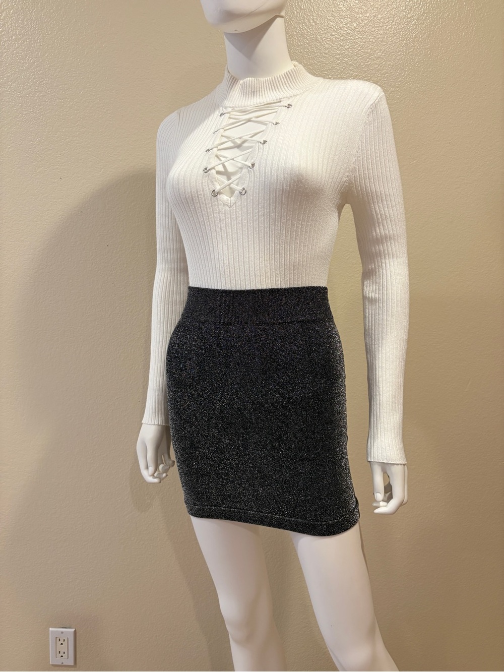 NoBo Shimmery Black Silver Bodycon Mini Skirt or Strapless Tube Top Size M 7 9